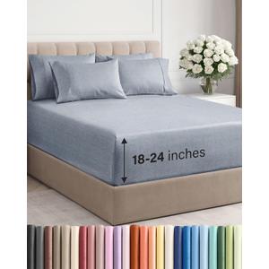 Extra Deep Queen Sheet Set - 6 Piece Breathable and Cooling Sheets - Hotel Luxury Bedding for Women, Men, Kids & Teens - Easy Secure Fit - Soft and Wrinkle Free - Extra Deep Pockets - Heathered Blue