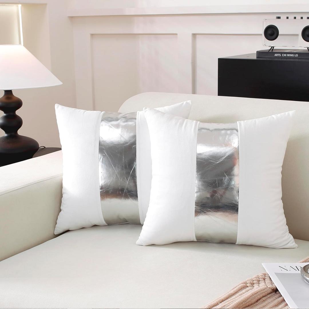 TAOSON Pack of 2 Velvet Decorative Throw Pillow Covers White Patchwork with Silver Striped Leather Pillow Covers 18  18 Inch Cushion Covers Decor Living Room Sofa Bedroom Car Only Cover No Insert