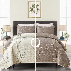 3 Pieces Floral Quilt Set Queen Size Tan Branch Pattern Quilt, Cream White Floral Reversible Bedspread, Soft Microfiber Botanical Floral Summer Quilt Bedding Coverlet Set for All Season (96''x90'')