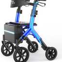 WALK MATE Rollator Walker for Seniors 5.3~7ft Tall, Height-Adjustable Seat, Built-in Cable, 10 Inch Wheels, 16.5 lb Lightweight & Compact Folding Design, 300 lb Capacity, Blue