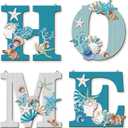 4 Pcs Wood Home Sign Coastal Beach Wall Decor Beach Style Signs Blue Starfish and Shell Wall Decor Beach Theme Sign for Home Letters Hanging Wall Decor Art Signs for Living Room Kitchen Bedroom Decor