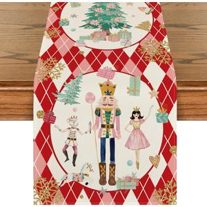 Artoid Mode Red Diamond Plaid Nutcracker Snowflake Christmas Table Runner, Winter Kitchen Dining Table Decoration for Home Party Decor 13x72 Inch