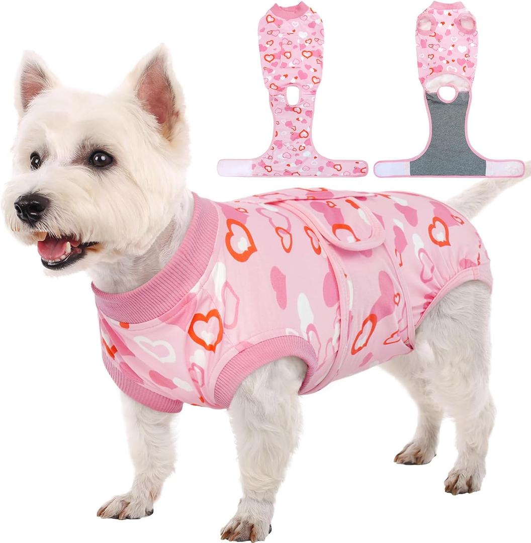 Kuoser Dog Surgery Recovery Suit, Valentine's Day Doggie Surgical Shirt for Female Male Dogs, Pet Onesies for Small, Medium Large Dogs (M (Back:13.4-16.1'', Weight:14-25 LB), Pink Heart)