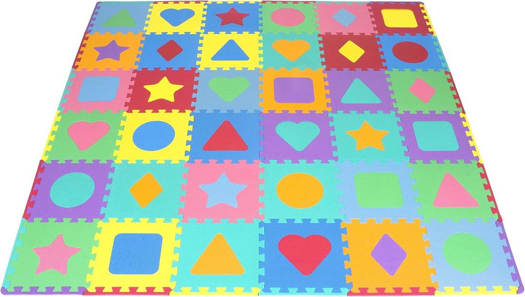 ProSource Kids Puzzle Alphabet, Numbers, 36 Tiles and Edges Play Mat, 12"x12", Abc & 123 (Shapes & Colors)