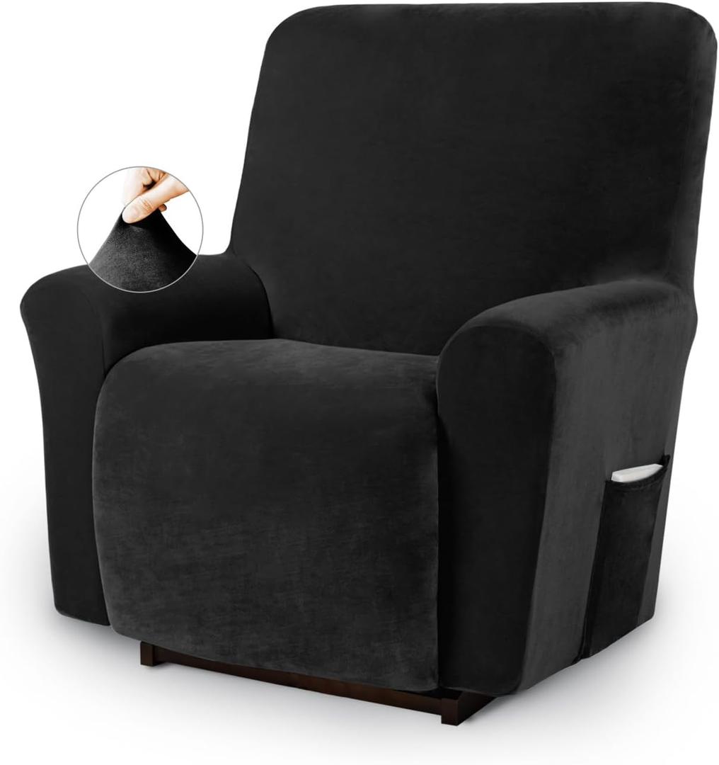 Asnomy Recliner Chair Covers Lazy Boy Recliner Covers with Pockets Stretch Velvet Couch Cover Slipcovers 1-Piece Furniture Protector for Dogs Cats(Recliner,Black)