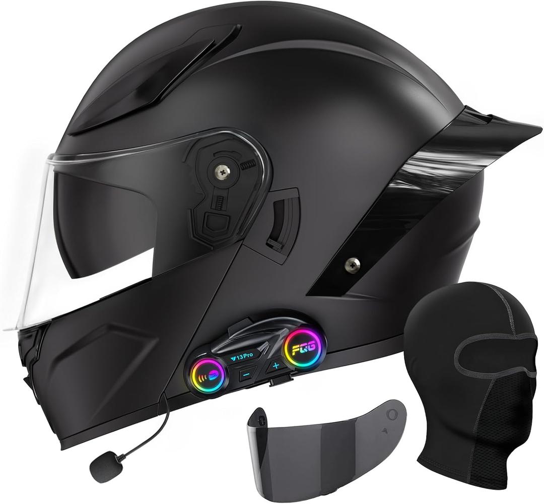 Bluetooth Motorcycle Helmet, Full Face Flip Up Modular Motorcycle Helmet with Bluetooth intercom headsets, DOT Approved Dual Visor Helmets (Black, L)