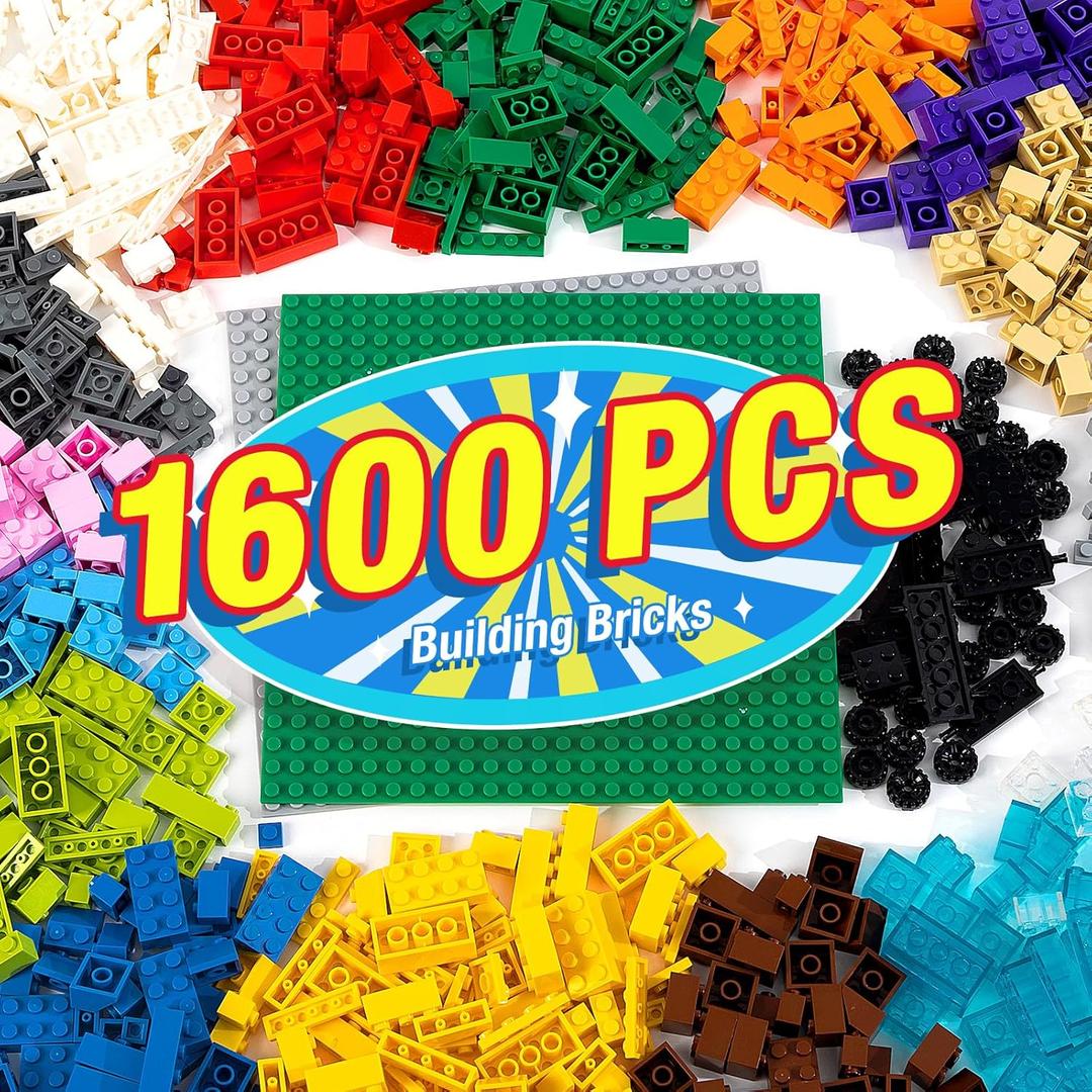 1600 Pieces Building Bricks, Building Bulk Block with 2 Packs 24x24 Studs Sticky Plate and 46PCS Wheel Accessory - Compatible with All Major Bricks, Gfits for Kid - 18 Shape/16 Colo