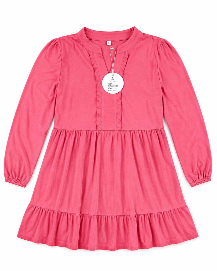 ANRABESS Womens Long Sleeve Dress 2025 Fall Casual V Neck Tiered Flowy Swing Short Mini Dresses Beach Travel Vacation Outfits Medium Hot Pink