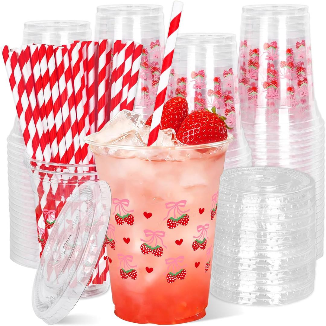 JarThenaAMCS 50Pcs Pink Bow Strawberry Disposable Plastic Cups with Lids and Straws 12Oz Cute Bowknot Strawberry Cold Beverage Drinking Cups for Summer Birthday Wedding Party Supplies, 3.9 x 2.2 x 4.3 inch