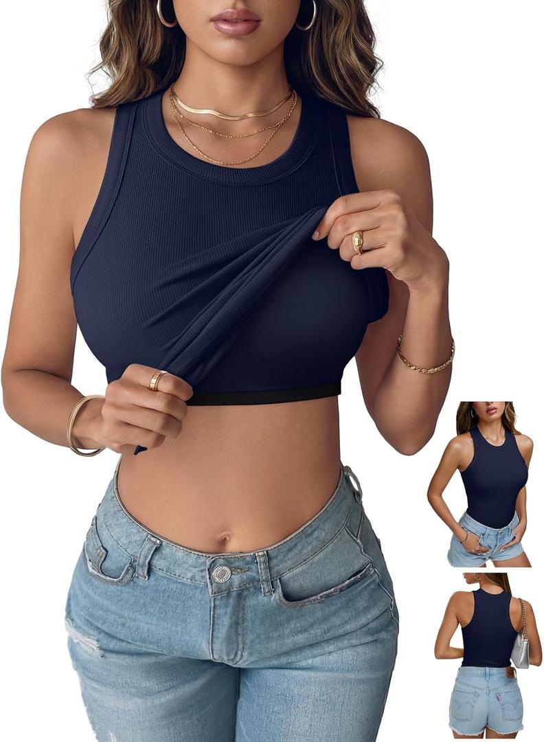 REORIA Women's Built in Bra Tank Tops Racerback Ribbed Sleeveless Fitted Summer Outfits 2026 (Navy Blue)