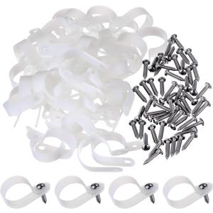 Hicarer 50 Pack R-Type Cable Clip Wire Clamp, Nylon Screw Mounting Cord Fastener Clips with 50 Pack Screws for Wire Management (White, 1 Inch)