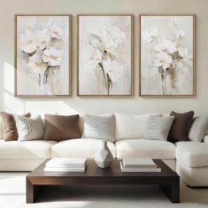 Anyzal Extra Large Beige Floral Framed Wall Art 24x36 Inch Neutral White Flower Canvas Wall Art Farmhouse Wildflower botanical Artwork for Living Room Bedroom Dining Room Set of 3