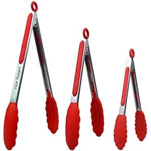 Hot Target Set of 3 (7, 9, 12 inches) Kitchen Tongs for Cooking - Heavy Duty & Non-Stick with Stainless Steel - Kitchen Tongs with Silicone Tips - Heat Resistant Long Food Tongs for Grilling BBQ - Red