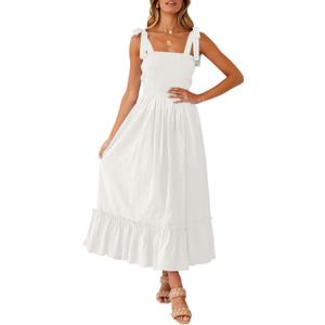 ZESICA Women's 2025 Summer Boho Spaghetti Strap Square Neck Solid Color Ruffle A Line Beach Long Maxi Dress (White, Size S)