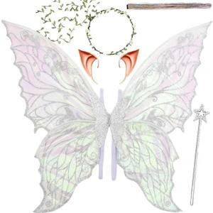 Fairy Wings for Adults and GirlsFairy Costume Set with Floral Garland, Fairy Hair Tinsel, Wand & Elf Ears  29"x21" Organza Butterfly Wings  Ideal for Cosplay, Party, Silver