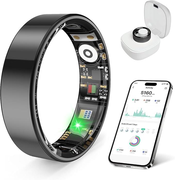 Smart Health Ring, Featuring Stress and Sleep Monitoring Functions, Compatible with iOS and Android,Waterproof Fitness Tracker for Women & Men, No Subscription Fee. (Black, 7)