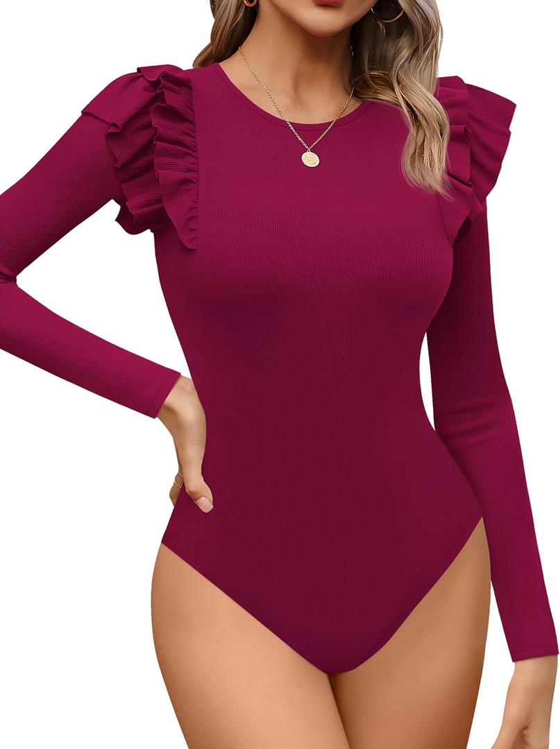 Missufe Women's Crew Neck Ruffle Long Sleeve Bodysuit Ribbed Knit Fitted Basic T Shirt Tops (Medium)