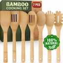 Wooden Utensil Set, Bamboo Utensils  7 PCs Wood Spoons for Cooking, Easy to Clean, Sturdy, Lightweight & Heat Resistant (7-Piece Set without Holder)