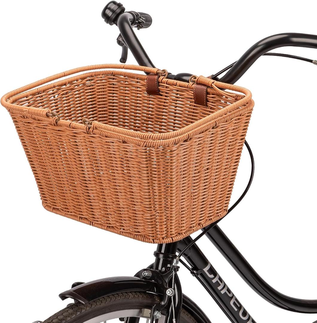 CXWXC Bike Basket - Durable Front Bicycle Bike Baskets - Handmade Woven Wicker Bike Basket with Adjustable Leather Straps (Brown)