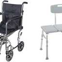 Drive Medical TR37E-SV Lightweight Folding Transport Wheelchair with Swing-Away Footrest, Silver & 12011KD-1 Tub Transfer Bench for Bathtub, Height Adjustable Shower Bench