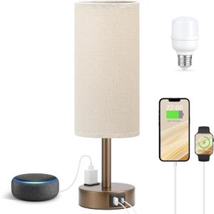 Brown Bedside Table Lamp for Bedroom - 3 Way Dimmable Touch Lamp USB C Charging Ports and AC Outlet, Small Lamp Round Flaxen Fabric Shade for Living Room, Desk, LED Bulb Included