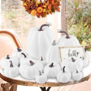 Ywlake 16 pcs Pumpkin Fall Decorations, Decorative Large Small Outdoor White Foam Plastic Fake Faux Artificial Pumpkins for Halloween Autumn Harvest Festival Home Table Decor