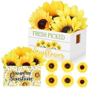 Marsui Summer Tiered Tray Decor Sunflower Mini Wooden Crate with 6 Artificial Sunflowers Farmhouse Rustic Table Decor for Home Kitchen Party Centerpiece