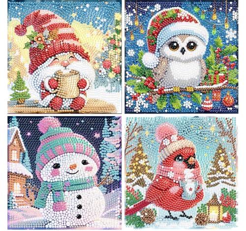 xackcme 4 PCS Diamond Art Painting Kits for Kids, Christmas Diamond Art for Kids Ages 4-8-12, Cardinal Gnome Snowmen Owl Gem Painting Kit Crafts Beginners for Xmas Gift Home Wall Decor (6x6 inch)