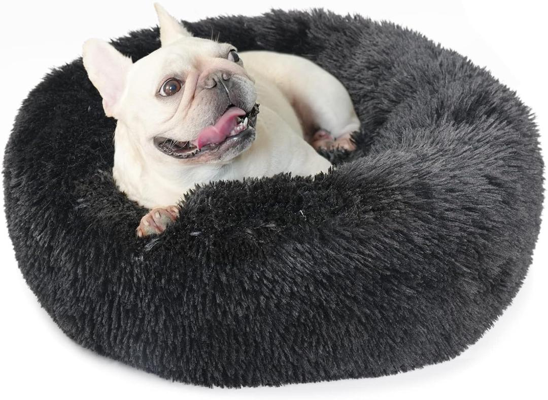 Black Dog Bed for Small Dogs Washble Calming 23 Inch Fluffy Plush Black Dog Bed Round Donut Machine Washable Small Pet Bed (23SmallPack of 1)