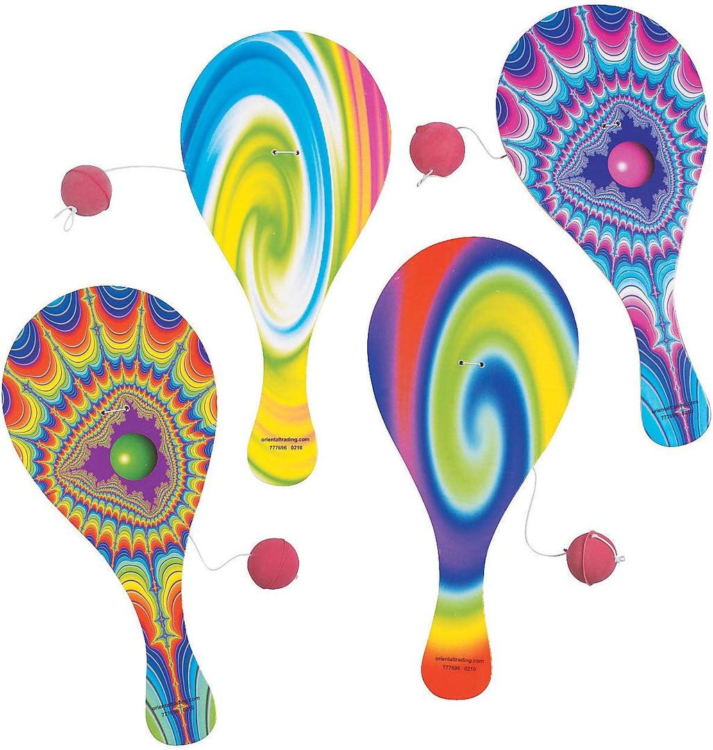 Fun Express Classic Paddle Ball Games Set of 12 - Vintage Wooden Paddle Ball Toys with String for Kids | Retro 90s Nostalgia Party Favors | Psychedelic Design Traditional Paddleball Game Set
