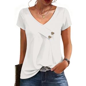 Womens Short Sleeve Summer Tops Button V Neck Tunic Shirts Dressy Casual Loose Fit Outfits (White, M)