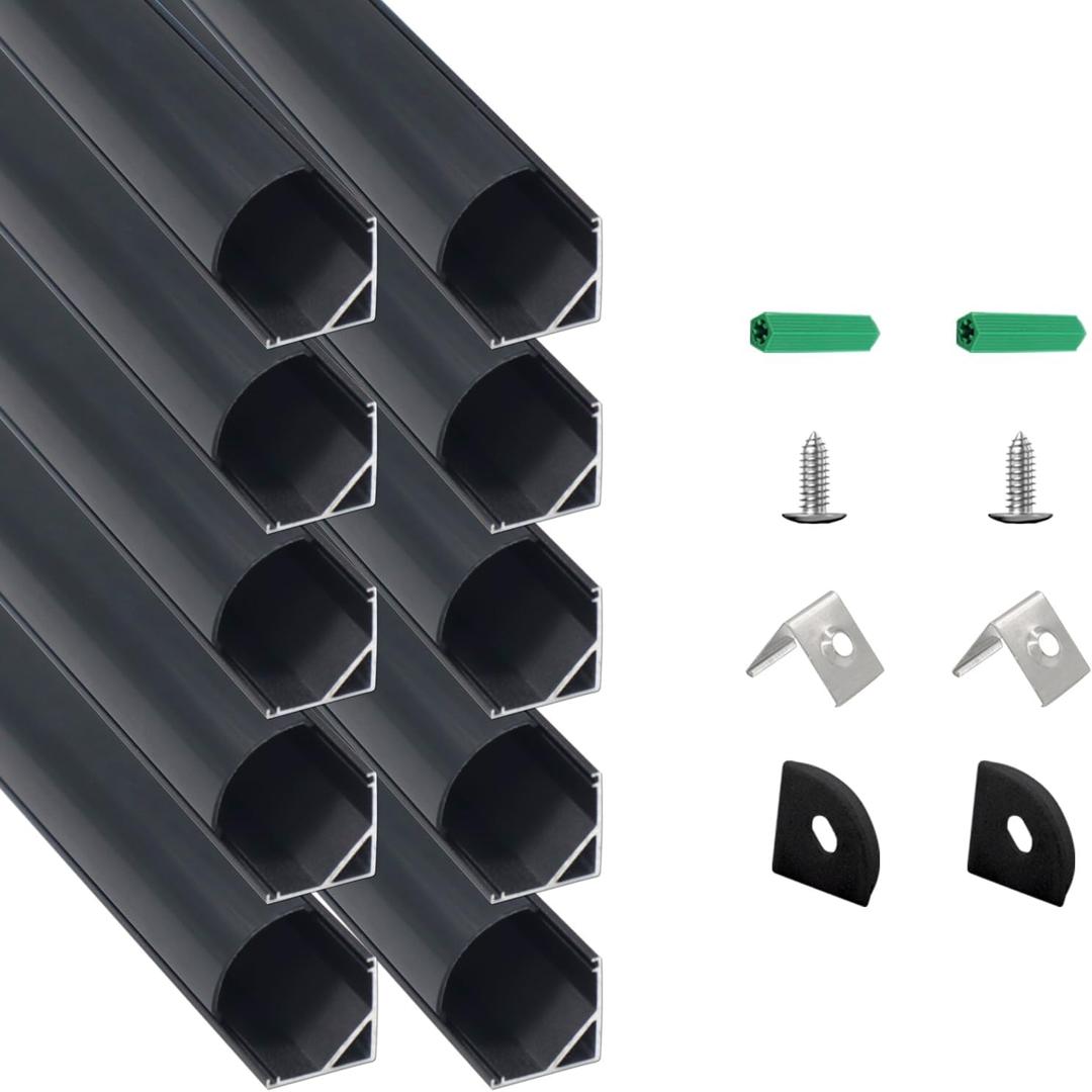 10 Pack 3.3FT Black V Shape LED Channel with Black Cover Angled Aluminum Extrusion for LED Strip Lights Trimless Recessed LED Strip Diffuser Track Profile for Under Cabinet Lighting