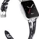 TOYOUTHS Leather Strap Compatible with Fitbit Versa Bands for Women & Men - Genuine Leather Breathable Wristbands with Ventilated Hole - Replacement Black/Grey Floral