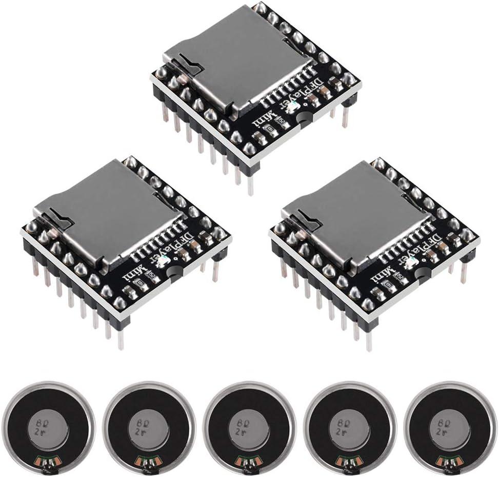 3PCS Mini MP3 Player Audio Module with 5PCS Metal Shell Round Internal Magnet Speaker 2W 8Ohm MP3 Voice Decode Board TF Card U Disk IO/Serial Port/AD Board DFPlayer Audio Music Module for Arduino