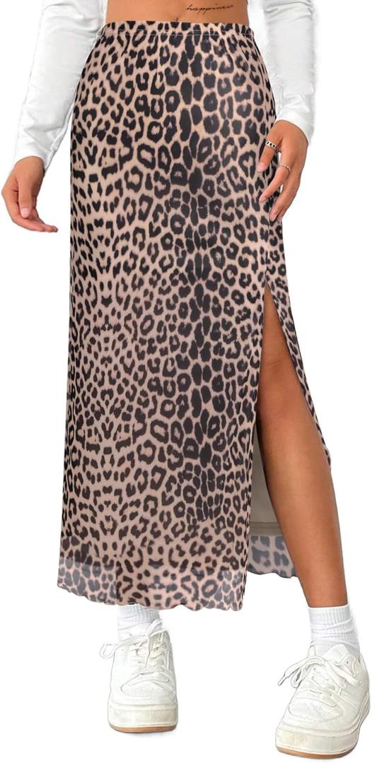 Avanova Women's Mesh Slit Split Long Skirts High Waisted Sexy Summer Maxi Skirts (Large, Khaki Leopard)