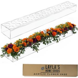 Acrylic Flower Vase Rectangular, Clear Floral Centerpiece for Dining Table 24 Inch Long Rectangle Acrylic Vase for Home Wedding Dining Table Decor (24 Holes)