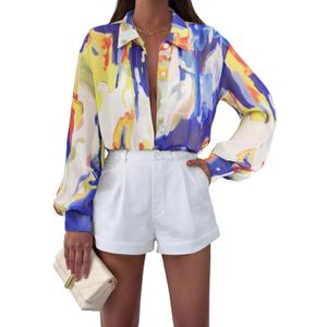 MEROKEETY Women's Summer Button Down Blouses Long Sleeve Tie Front Floral Boho Chiffon Shirt Tops (S)