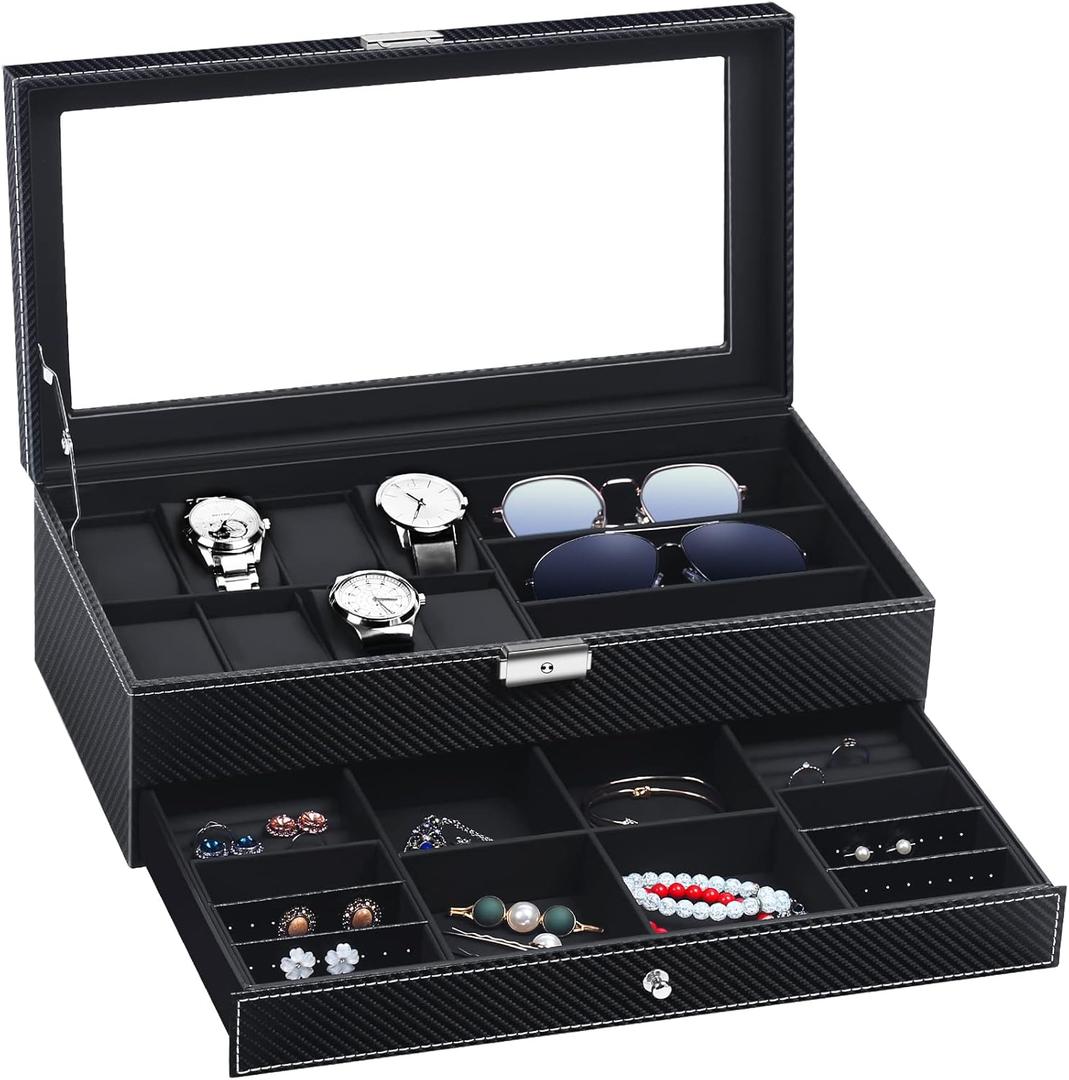 TomCare Watch Box Watch Case Watch Holder Organizer Jewelry Case Drawer Sunglasses Display Box Storage Earrings Storage Organizer Lockable with Glass Top and PU Leather for Men Women (All Black)