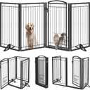 36" Tall Metal Freestanding Dog Gate with Cat Door for Indoor&Outdoor,80" Extra Wide Foldable Pet Gate,Foldable Indoor Dog Fence for Wide Openings Stairs,Deck,Yard,Doorways(4 Panels,Black)