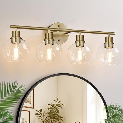 2024 Upgrade 3-Light Bathroom Light Fixtures, Brushed Brass Bathroom Lights Over Mirror with Clear Glass Globe Shade, Vanity Lights for Bathroom Kitchen Living Room Hallway Cabinet Bedroom Porch