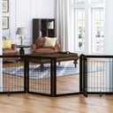 SPIRICH 96-inch Extra Wide 30-inches Tall Dog Gate with Door Walk Through, Freestanding Wire Pet Gate for The House, Doorway, Stairs, Pet Puppy Safety Fence, Support Feet Included(Espresso)