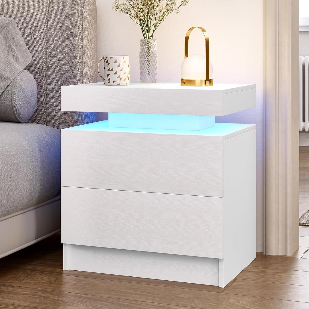 LED Nightstand, Modern White Night Stand End Tables with APP & Remote Control LED Lighting, 2 Drawers, Open Shelf Storage, Bedside Tables for Bedroom & Living Room, 20" x 20" x 14"