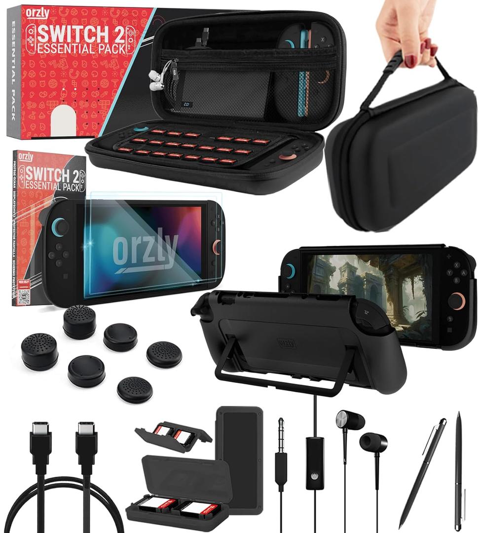 Orzly Switch 2 Accessories Bundle Carry Case & Screen Protector for Nintendo Switch 2 (2025) Console, TravelCase, Screen Protection, Grip Case, USB-C Cable, Games Holder, Headphones, Thumbgrips