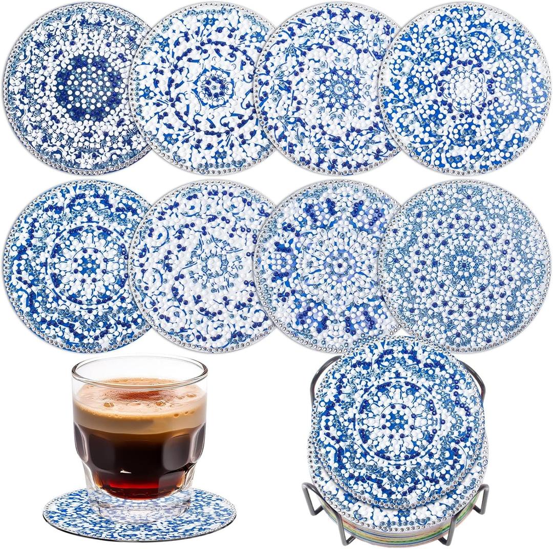 Blue and White Porcelain Diamond Art Coaster Kit, 8PCS DIY Diamond Painting Crafts with Holder, Chinese Style Mosaic Diamond Kit for Adults, Elegant Gift for Women & Teens