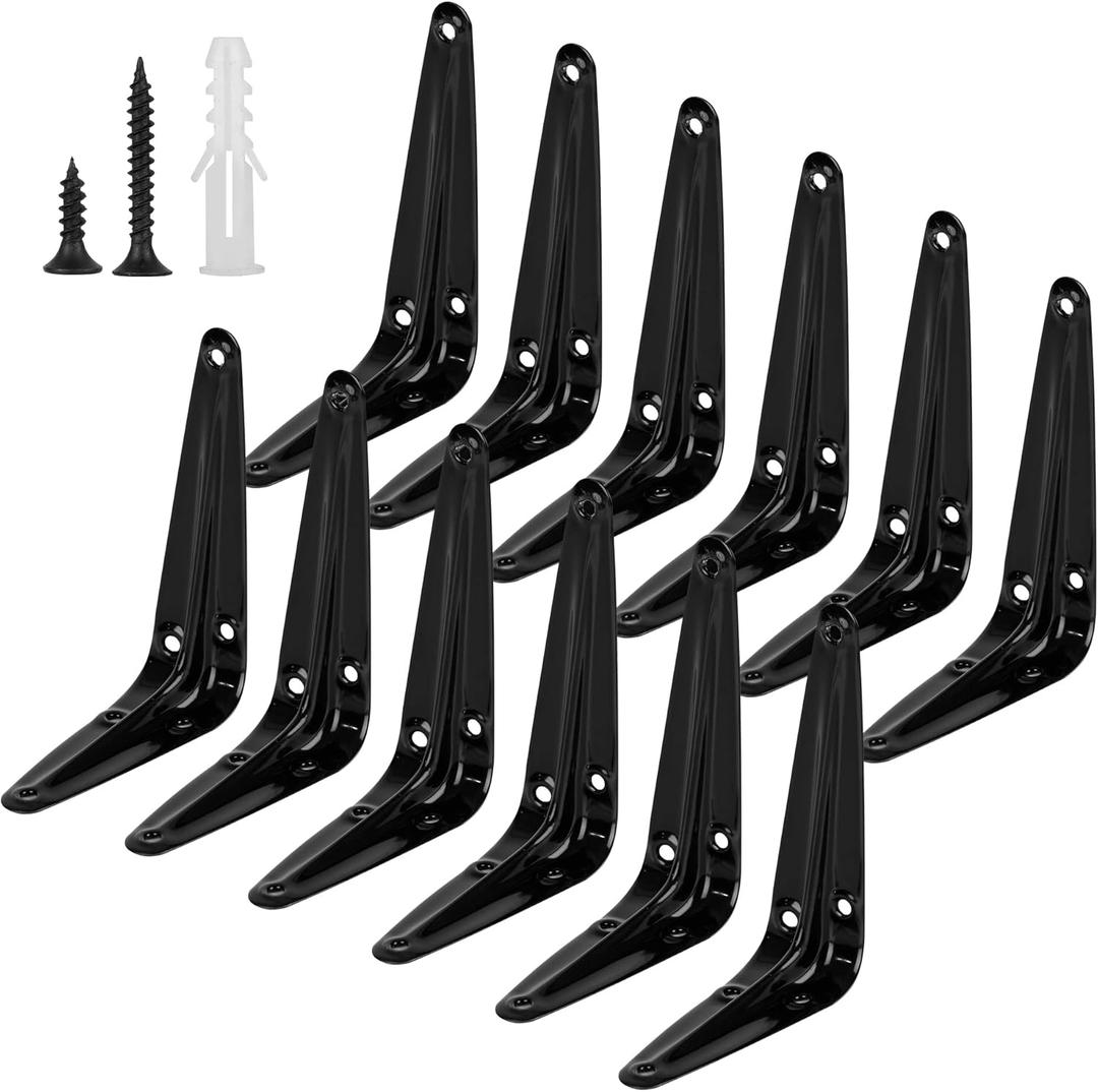 12Pack Shelf Brackets Heavy Duty Black Metal Floating Shelves Bracket 4 x 3 Inch Rustic Farmhouse Decorative Iron L Bracket J Brackets Wall Joint Angel Corner Brace for Wood Shelves Hanging with Screw