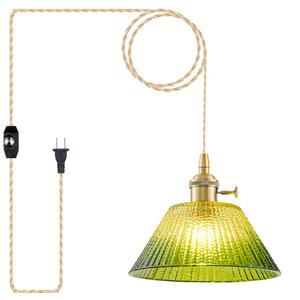Plug in Pendant Light Vintage, Dimmable Pulley Hanging Lamp with Gradient Green Glass Shade, Brass Hanging Lights with Plug in Cord for Living Room, Compatible with Indoor Plant Grow Light Bulbs