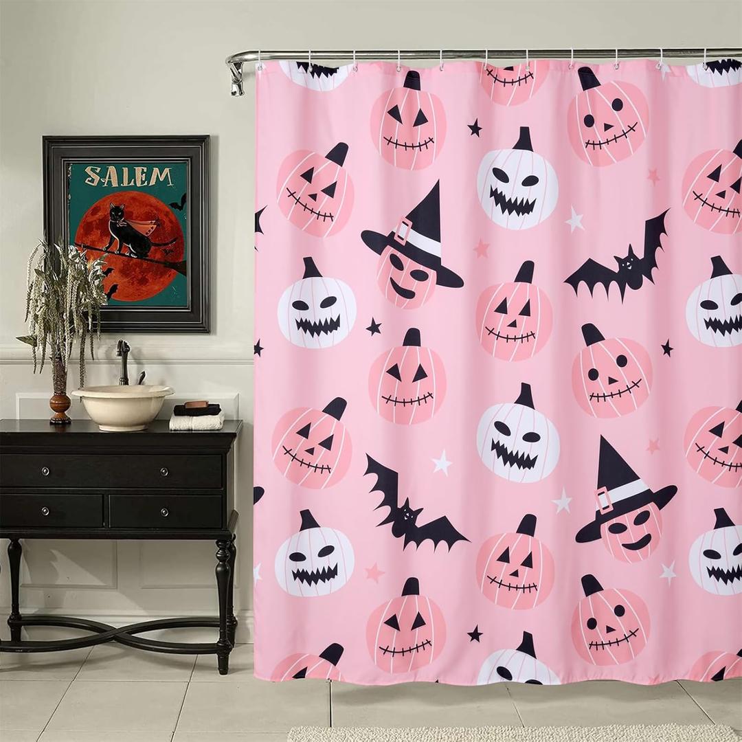 Cute Halloween Fabric Shower Curtain Aesthetic Funky Bathroom Decorations, Pink Trendy Scary Jack Pumpkins Bats Witch Hats Gothic Halloween Fall Girls Kids Shower Curtain Set with Hooks