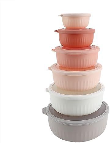 COOK WITH COLOR Prep Bowls with Lids- 12 Piece Nesting Plastic Small Mixing Bowl Set with Lids (Multi Colored), Grey/Pink