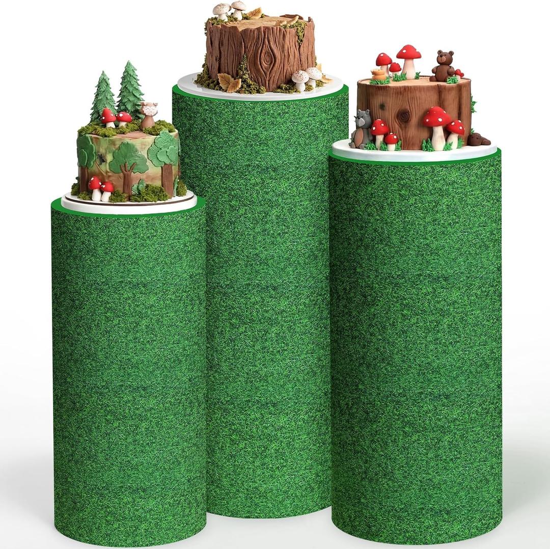 Mindsoft Set of 3 Green Grass Spandex Cylinder Stand Covers for Party, Cylinder Pedestal Covers for Jungle Party Supplies, Woodland Birthday, Dinosaur, Baby Shower, Sports Parties Decorations