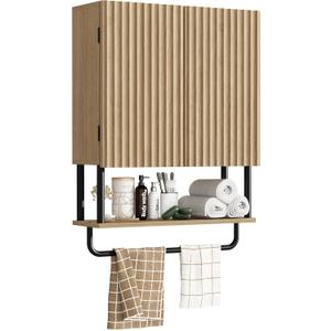 RUSTOWN Fluted Bathroom Wall Cabinet with 2 Doors, 3-Tier Modern Farmhouse Medicine Cabinet, Over The Toilet Storage Cabinet with Adjustable Shelf and Towel Bar (Natural, Medium)